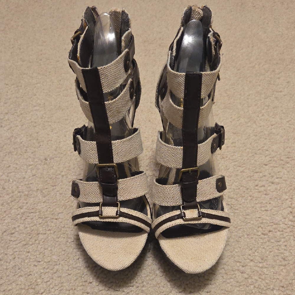 BAMBOO Beige and Brown Strappy Heels